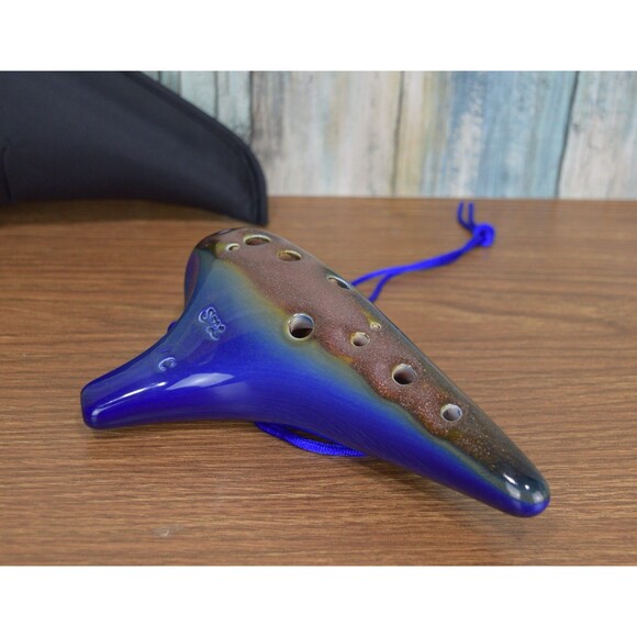 STL Ocarina 12 Hole Alto C Ceramic Flute Blue Brown Earth Glaze w/ Case & Strap - Picture 9 of 12